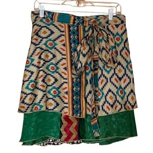 Sustainable Upcycled Silk Sari Wrap Skirt Adjustable Festival Boho Mini 08-20
